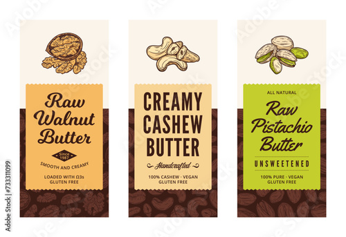 Cashew, pistachio and walnut butter labels in modern style. Vector nuts illustrations and patterns