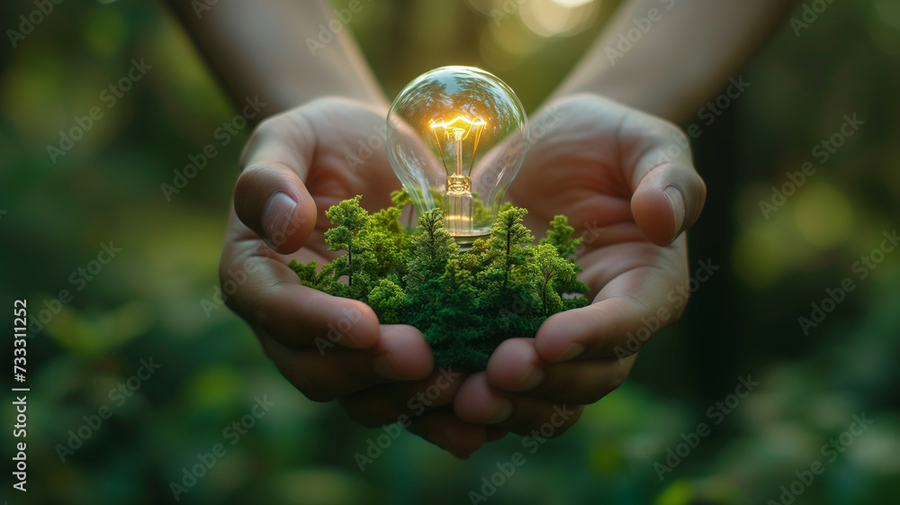 Sprout and a light bulb where the bulb's light is replaced by a soft, natural glow, symbolizing renewable energy.