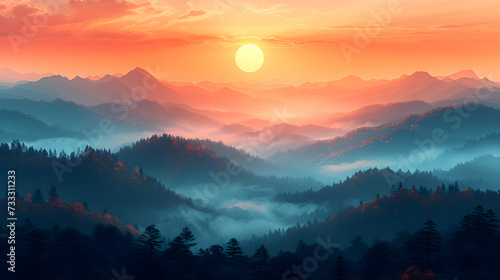 Misty mountains in the morning. Fog. Landing page, background, banner. Sunset in mountain, Urals, Alps, Andes, foggy wallpaper. Colorful, abstract