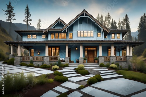 A serene craftsman house exterior adorned with soft sky blue hues, set against a backdrop of rolling hills