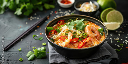 Wallpaper Mural Tom Yum Goong Soup with Fresh Shrimp. Thai Tom Yum soup garnished with cilantro in a bowl. Torontodigital.ca