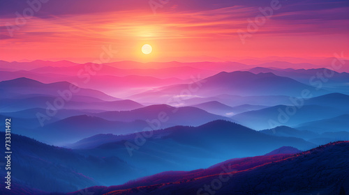 Misty mountains in the morning. Fog. Landing page, background, banner. Sunset in mountain, Urals, Alps, Andes, foggy wallpaper. Colorful, abstract