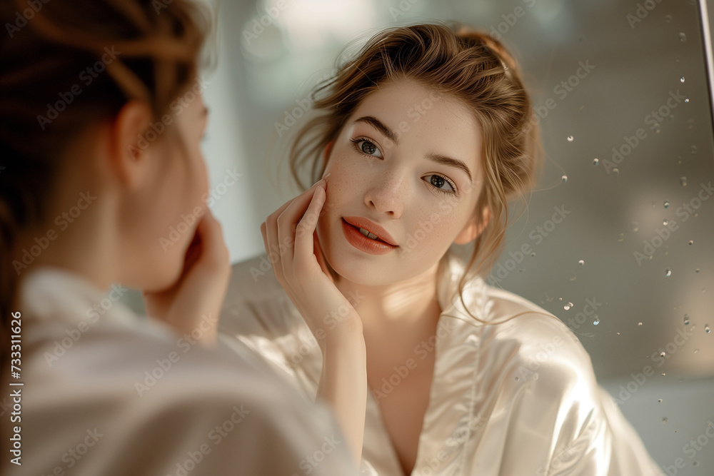 A young woman in a moment of reflection, looking into a mirror with a gentle, contemplative expression. A young woman in a moment of reflection, looking into a mirror with a gentle, contemplative expression.