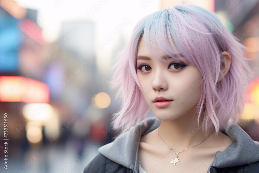 Young Asian woman with pastel pink and blue hair with blurry city street background Young Asian woman with pastel pink and blue hair with blurry city street background