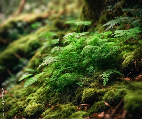 Fern and moss growing in a green forest