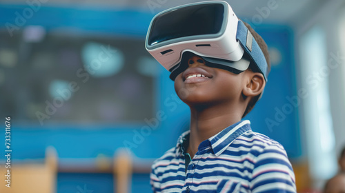 Smiling african american schoolboy wearing vr glasses while standing in classroom, virtual reality simulator, generative ai