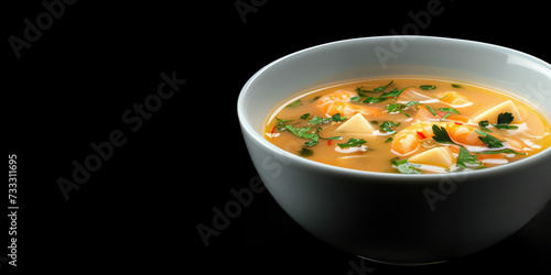 Tom Yum Goong Soup with Fresh Shrimp. Thai Tom Yum soup garnished with cilantro in a bowl, copy space. photo