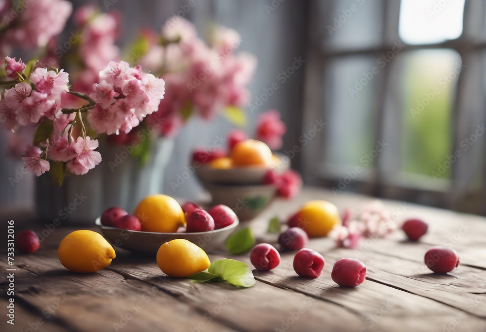 Spring background fruit flowers on wooden table next to the window Spring background fruit flowers on wooden table next to the window
