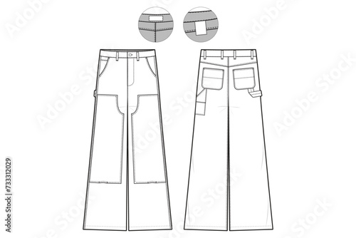 Double Knee Carpenter Pants Straight Leg Flat Technical Drawing Illustration Classic Blank Workwear Streetwear Mock-up Template for Design and Tech Packs CAD loose fit baggy