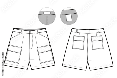 Cargo Shorts Flat Technical Drawing Illustration Five Pocket Classic Blank Streetwear Mock-up Template for Design and Tech Packs CAD Outdoor