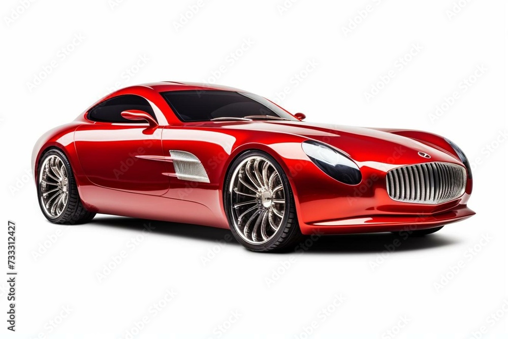 Sleek red coupe car on white background. Generative AI