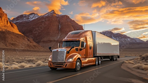 Semi-truck journeying through exquisite american southwest scenery on a tranquil and isolated road