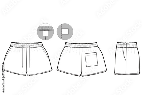 cutoff athletic Elastic Shorts Flat Technical Drawing Illustration Blank Streetwear Mock-up Template for Design and Tech Packs CAD With Back Pocket Unisex