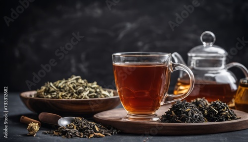 A cup of tea with a spoon and a bowl of tea leaves