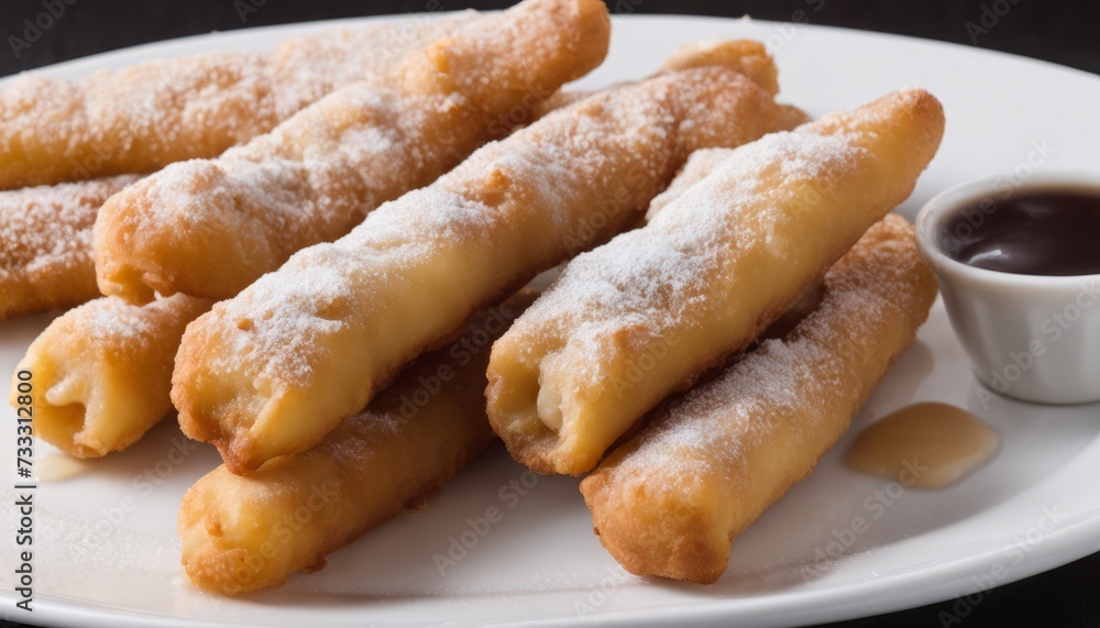 A plate of breaded pastries with powdered sugar and a dipping sauce A plate of breaded pastries with powdered sugar and a dipping sauce