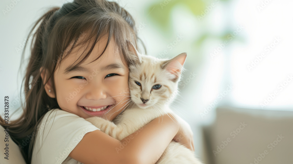 Little happy girl tenderly hugs her cat tightly in a bright spacious living room. Friendship concept between humans and animals Little happy girl tenderly hugs her cat tightly in a bright spacious living room. Friendship concept between humans and animals