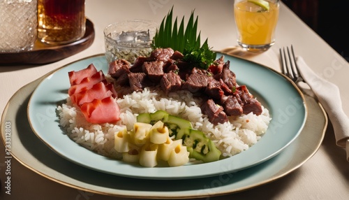 A plate of food with rice and meat