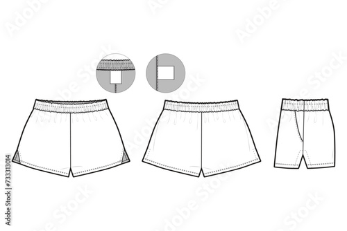 short athletic vented Elastic Shorts Flat Technical Drawing Illustration Blank Streetwear Mock-up Template for Design and Tech Packs CAD With Back Pocket Unisex