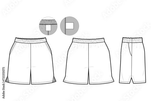 Elastic athletic Shorts Flat Technical Drawing Illustration Blank Streetwear Mock-up Template for Design and Tech Packs CAD With Back Pocket Unisex