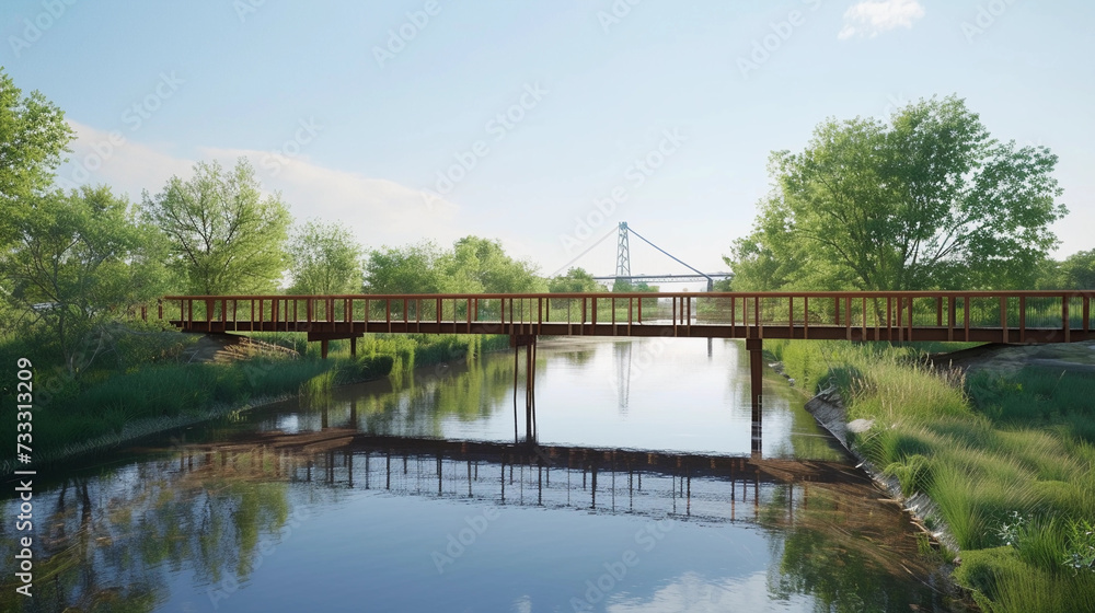 newly constructed bridge over a serene river, with reflections on the water, the final construction crane moving away, and a clear sky, symbolizing engineering excellence