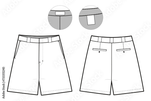 bermuda flat front chino Shorts Flat Technical Drawing Illustration Blank Streetwear Mock-up Template for Design and Tech Packs CAD Unisex khaki