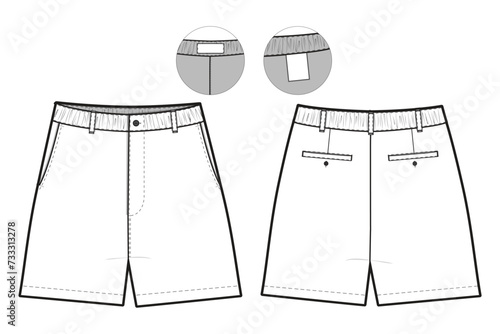 bermuda flat front chino Shorts Flat Technical Drawing Illustration Blank Streetwear Mock-up Template for Design and Tech Packs CAD Unisex khaki
