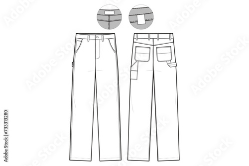 Carpenter Pants Straight Leg Flat Technical Drawing Illustration Classic Blank Workwear Streetwear Mock-up Template for Design and Tech Packs CAD