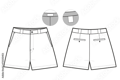 bermuda flat front chino Shorts Flat Technical Drawing Illustration Blank Streetwear Mock-up Template for Design and Tech Packs CAD Unisex khaki