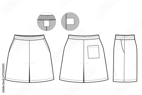 Elastic athletic Shorts Flat Technical Drawing Illustration Blank Streetwear Mock-up Template for Design and Tech Packs CAD With Back Pocket Unisex loose baggy