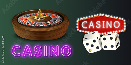 Pink and blue rotate neon Casino Roulette wheel with poker chips, digital casino element