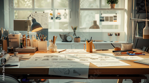 artist’s workspace with branding sketches and prototypes spread out on a table, accompanied by design tools, under soft, natural window light photo