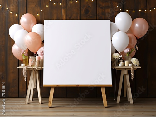 Cavas with a white surface and have an empty space placed on a wooden easel stand. Decoration with the style and theme of the celebration and party decorated around it. photo