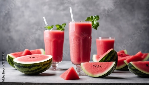 Three glasses of watermelon juice with mint leaves