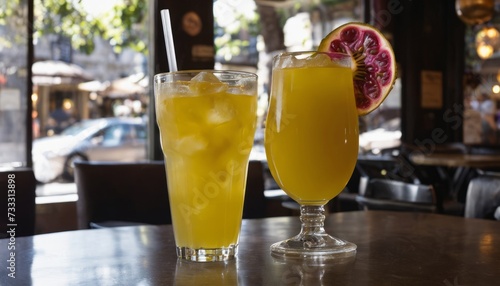 Two glasses of orange juice with slices of fruit on top