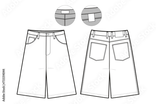 Jean Shorts Flat Technical Drawing Illustration Five Pocket Classic Blank Streetwear Mock-up Template for Design and Tech Packs CAD Denim loose baggy