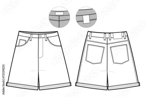 cuff Jean Shorts Flat Technical Drawing Illustration Five Pocket Classic Blank Streetwear Mock-up Template for Design and Tech Packs CAD Denim