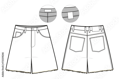 cutoff Jean Shorts Flat Technical Drawing Illustration Five Pocket Classic Blank Streetwear Mock-up Template for Design and Tech Packs CAD Denim
