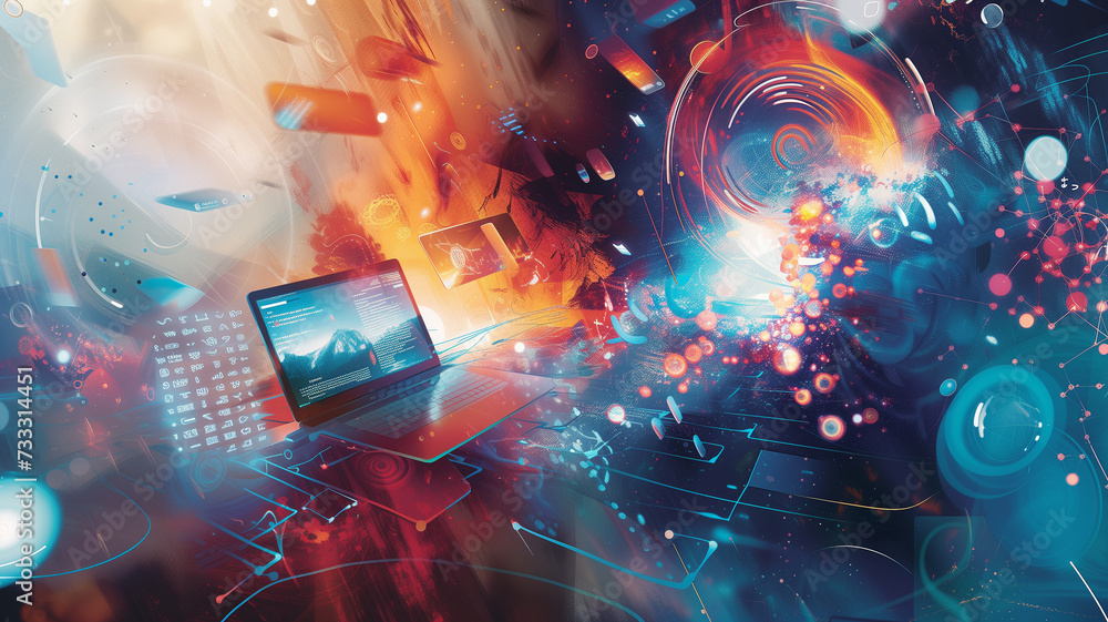 Software development, with a laptop surrounded by swirling icons and code fragments representing a dynamic programming environment and company network. Software development, with a laptop surrounded by swirling icons and code fragments representing a dynamic programming environment and company network.