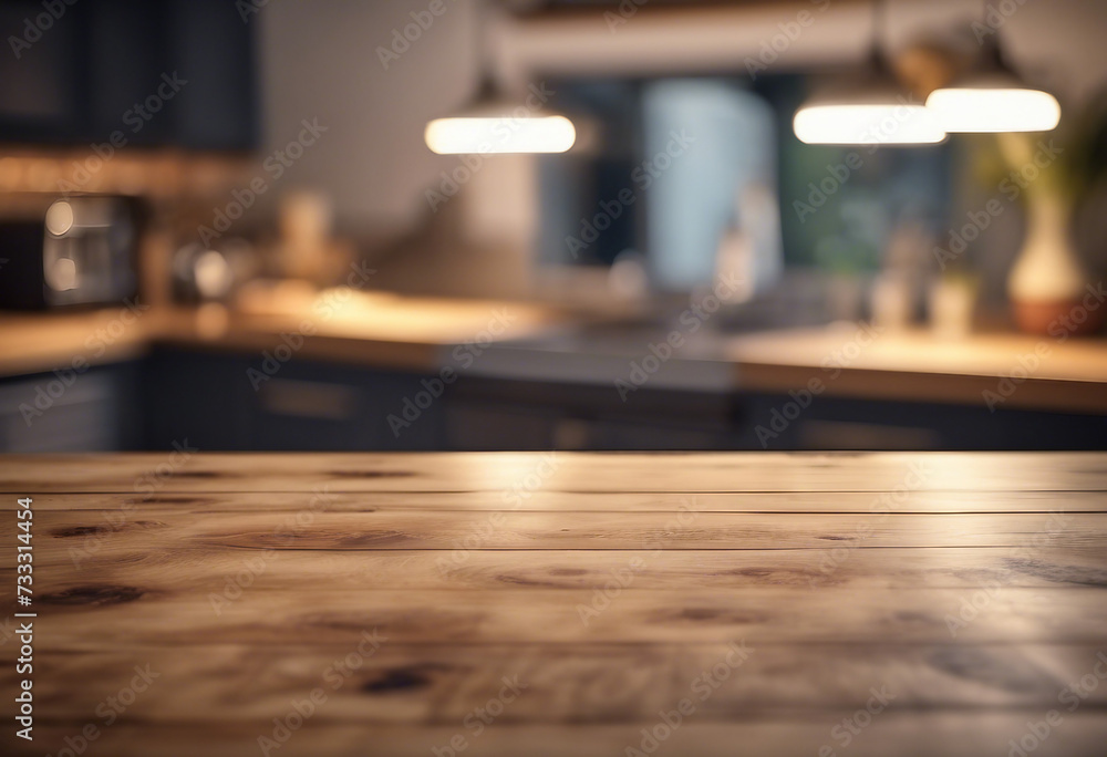 Wood table top on blur kitchen counter background with lights Wood table top on blur kitchen counter background with lights