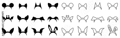 Animal ears mask set, beasts head masks, wild and domestic animals head for party masquerade, mouse, cat, dog, wolf, hare, koala, raccoon, deer, bull, rhinoceros, lion and more - vector photo