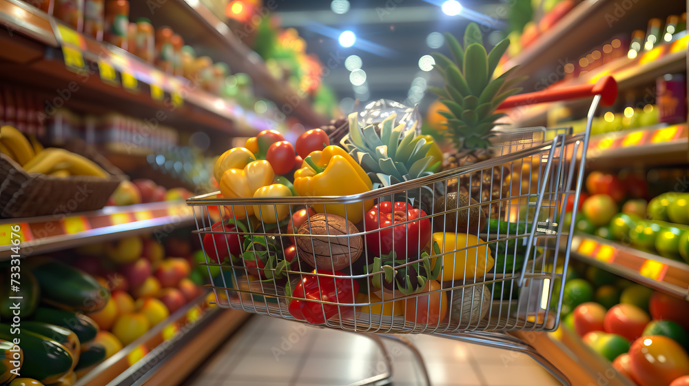 full of fresh healthy foods in the shopping cart on shelves in grocery store background - AI Generated - obrazy, fototapety, plakaty 