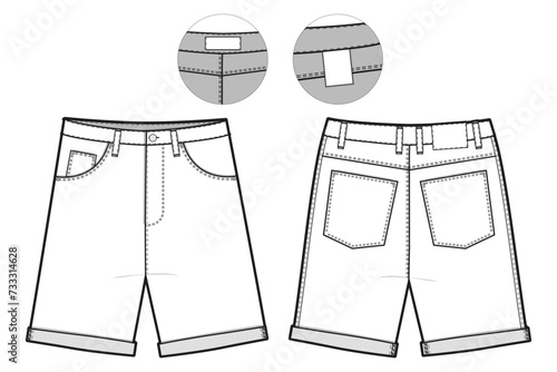 cuff tapered Jean Shorts Flat Technical Drawing Illustration Five Pocket Classic Blank Streetwear Mock-up Template for Design and Tech Packs CAD Denim