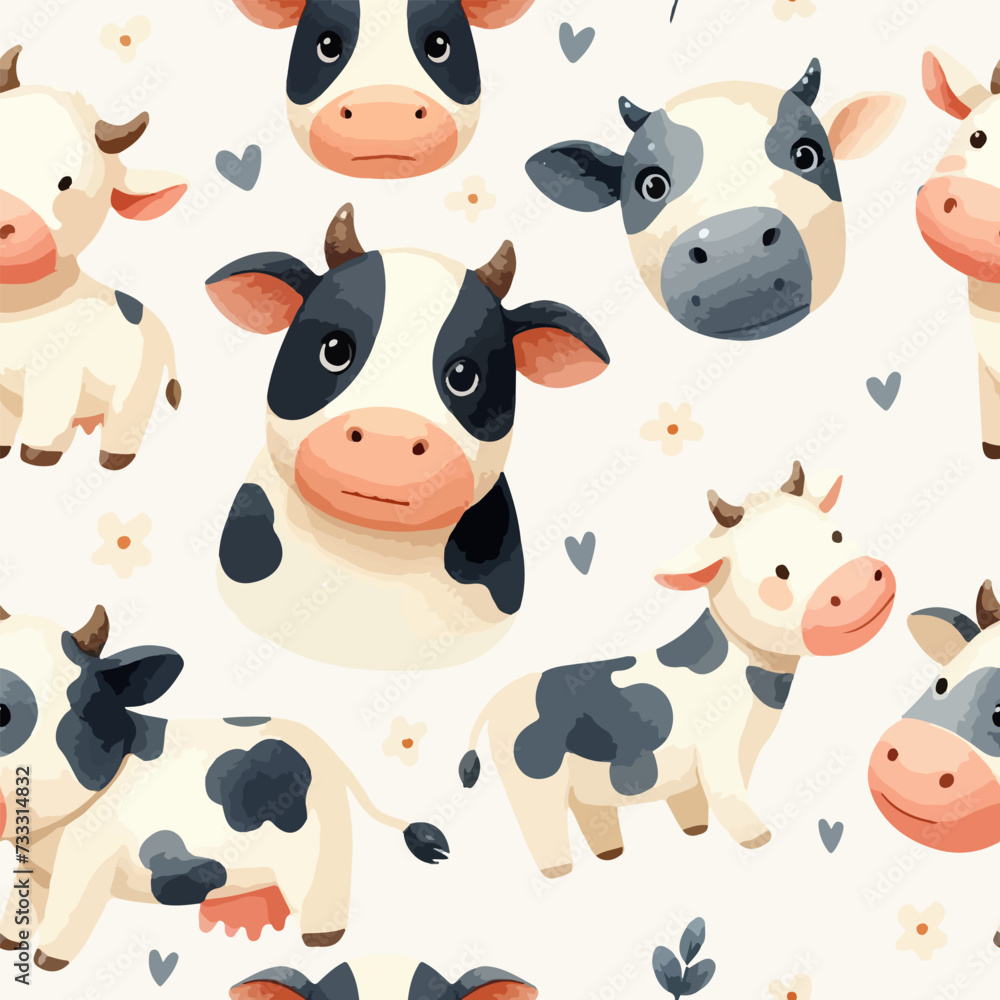 Seamless pattern with cute cow. Hand Drawn vector illustration.