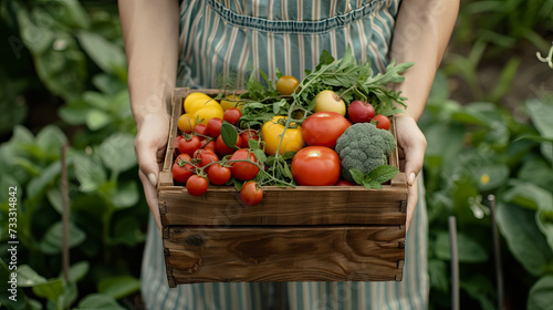 Close up woman hands holding wooden box of organic vegetables - AI Generated