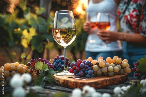 A person stands outdoors, holding a glass of wine and surrounded by natural foods, including a container of grapes, on a table adorned with elegant stemware and barware, evoking a sense of sophistica
