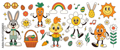 Groovy Easter set with bunny, chicken, egg, daisy, flower. Vector retro illustration for card, poster, banner, web.