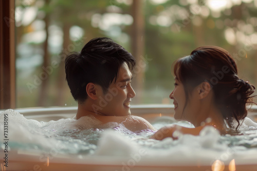 a beautiful asian couple enjoying their time in a hot tub