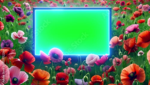 TV with a green screen and a neon beam on a field with red poppies.