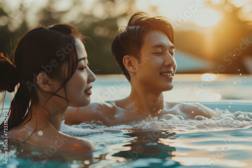 a beautiful asian couple enjoying their time in a hot tub photo