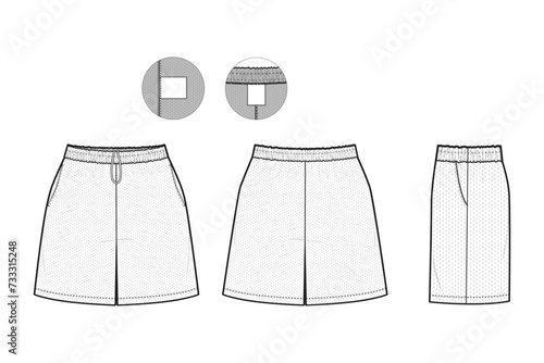 Mesh Shorts Flat Technical Drawing Illustration Blank Streetwear Mock-up Template for Design and Tech Packs CAD Unisex Athletic Basketball